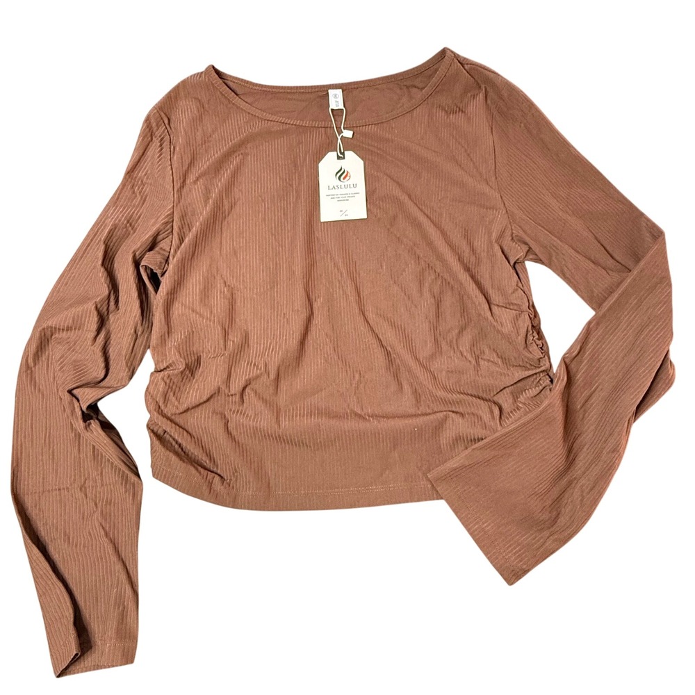 Laslulu Ribbed Crop Top Ruched Long Sleeve‎ Flared Sleeve Brown 2XL